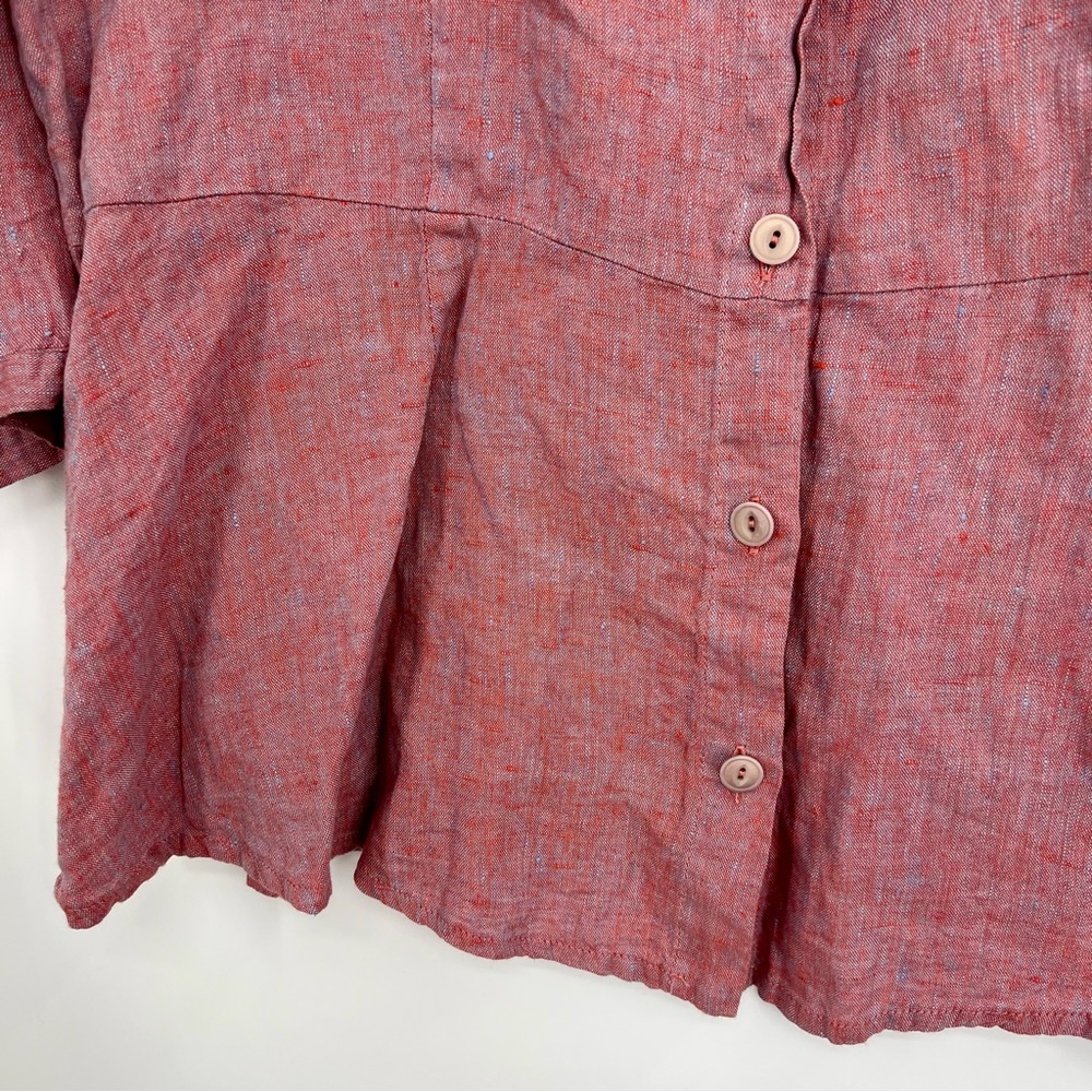 Flax 100% Linen Button Down Peplum Shirt Blouse Top Heathered Pink M Pleated - Picture 9 of 10